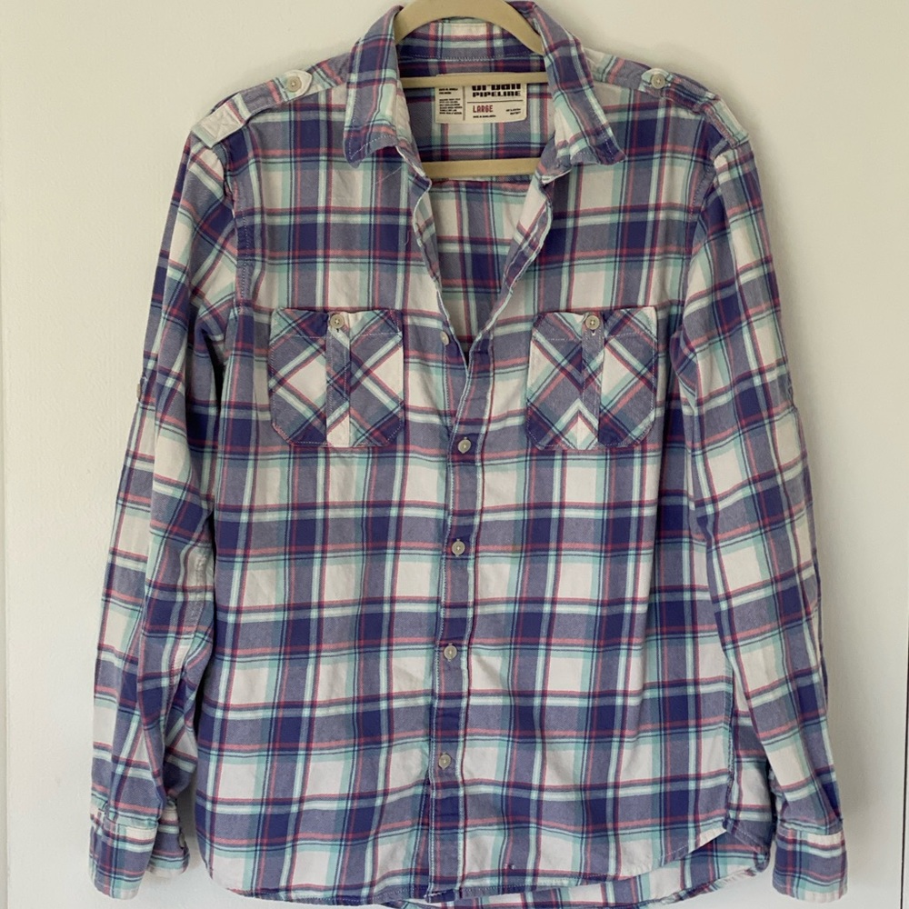 Men’s pastel plaid flannel button down long sleeve shirt